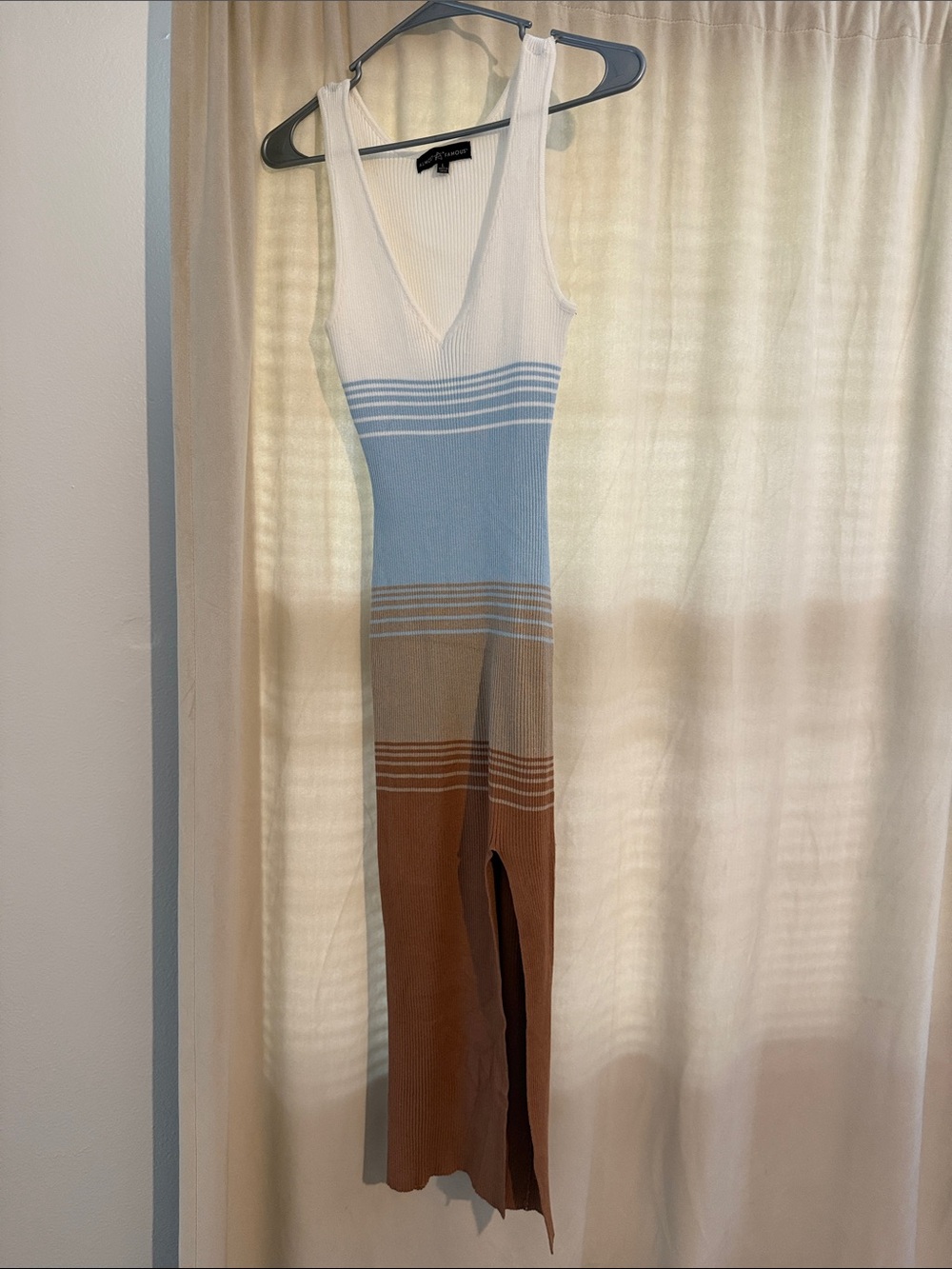 Ribbed Sleeveless Maxi Dress in White, Light Blue & Tan